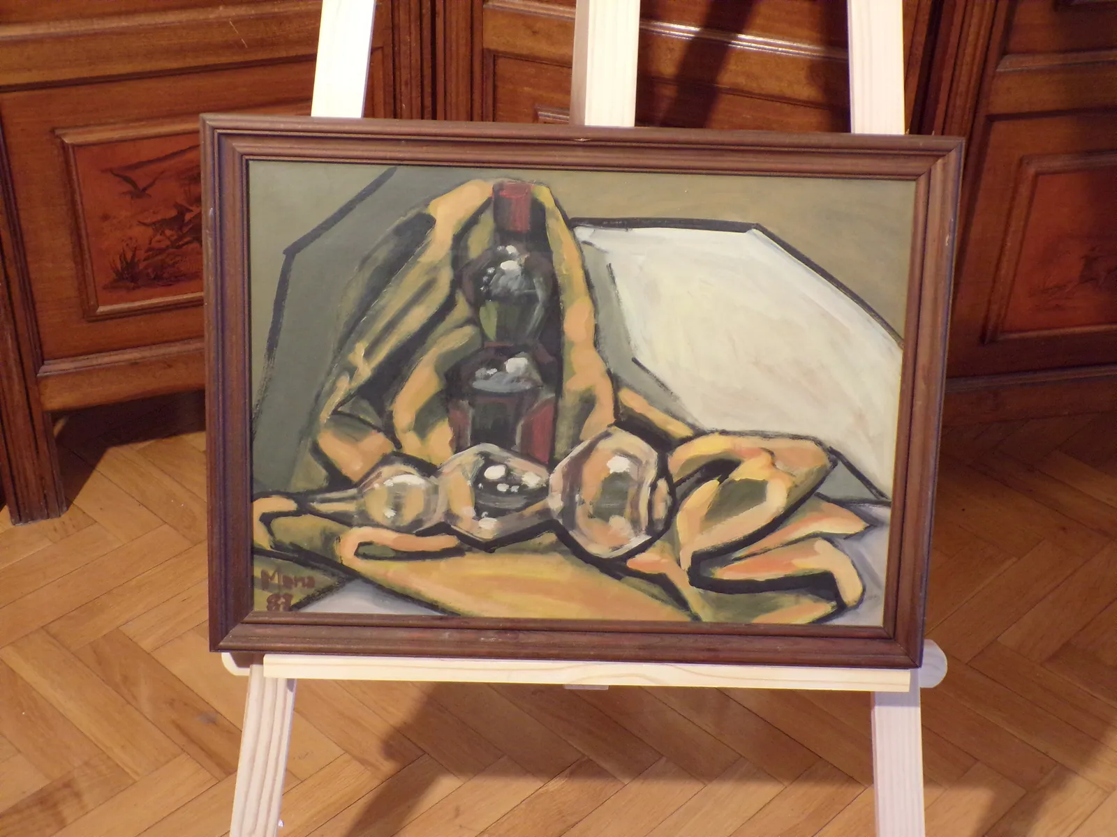 Bodegón con botella y copas — Mena, Pintura sobre tabla, 55 x 46 cm aprox. — vista 3