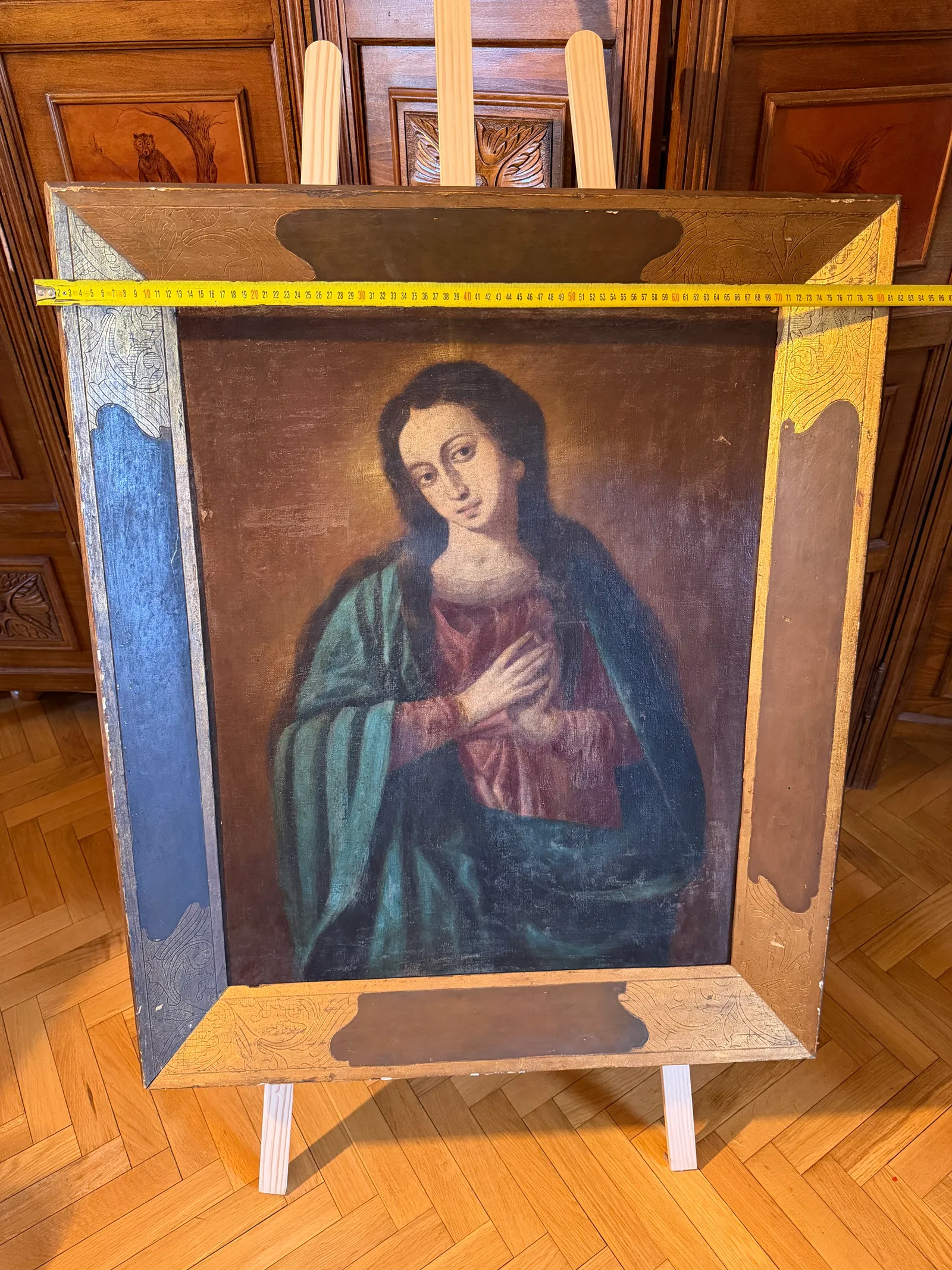 Virgen en oración con manto azul verdoso — Desconocido, Óleo, 97 x 80 cm (con marco) — vista 4